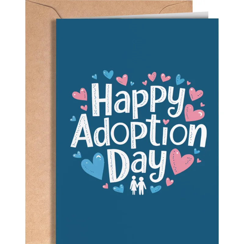 Navy Hearts Typography Card features Happy Adoption Day