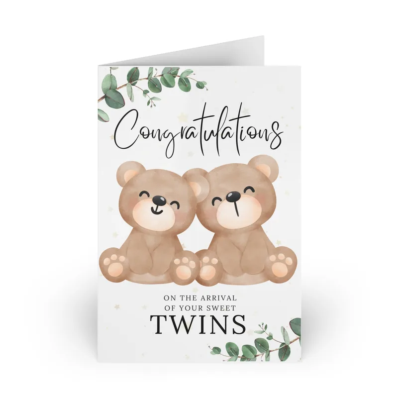 Teddy Bears Eucalyptus New Baby Card for Twin Celebrations