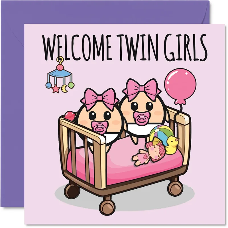 Crib Twins Balloon New Baby Card for Twin Girls Welcome