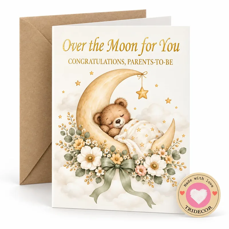 Bear Moon Flowers Pregnancy Card for New Baby Celebrations