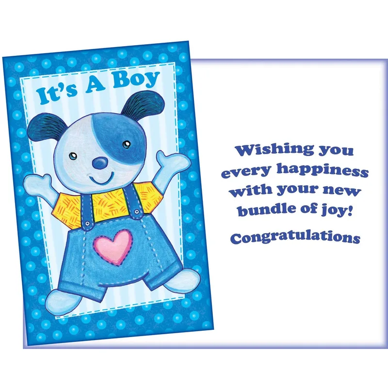 Blue Puppy Overalls New Baby Card Celebrating a New Boy