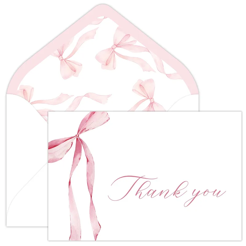 Pink Bow Thank You Card: Watercolor Ribbon Design for New Baby