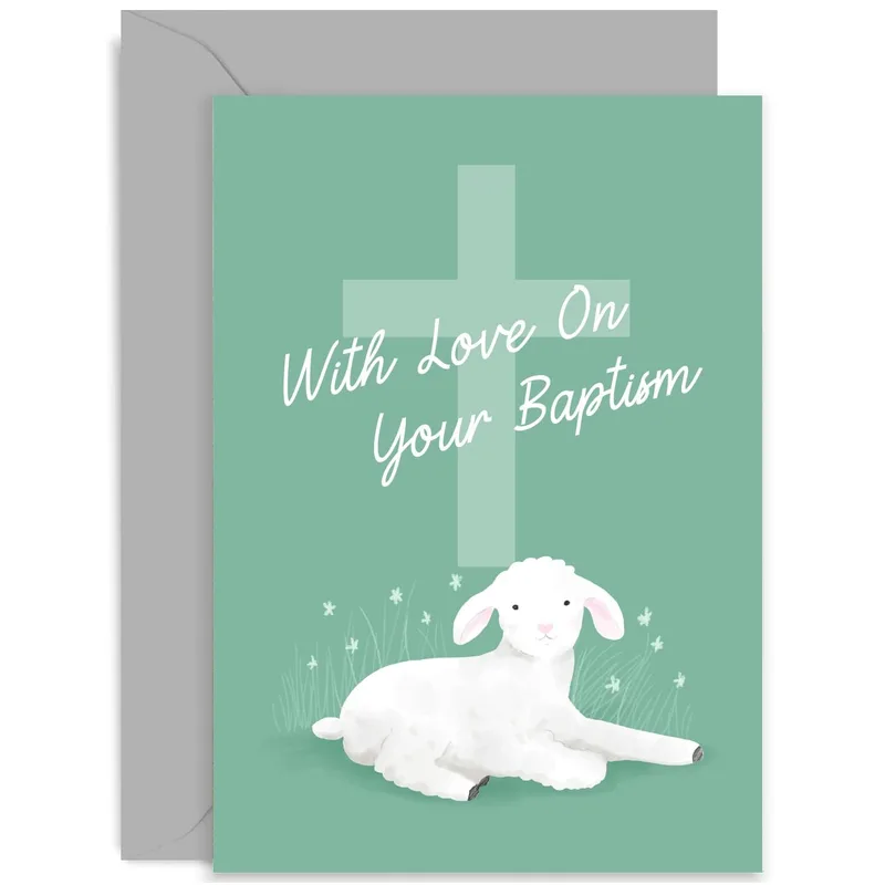 Green Lamb Cross Card for a Sweet Baptism Blessing