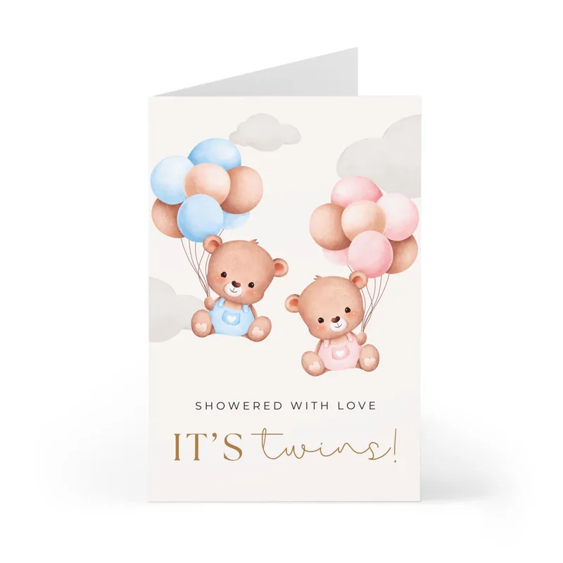 Bear Twins Balloons New Baby Card for Twin Celebrations