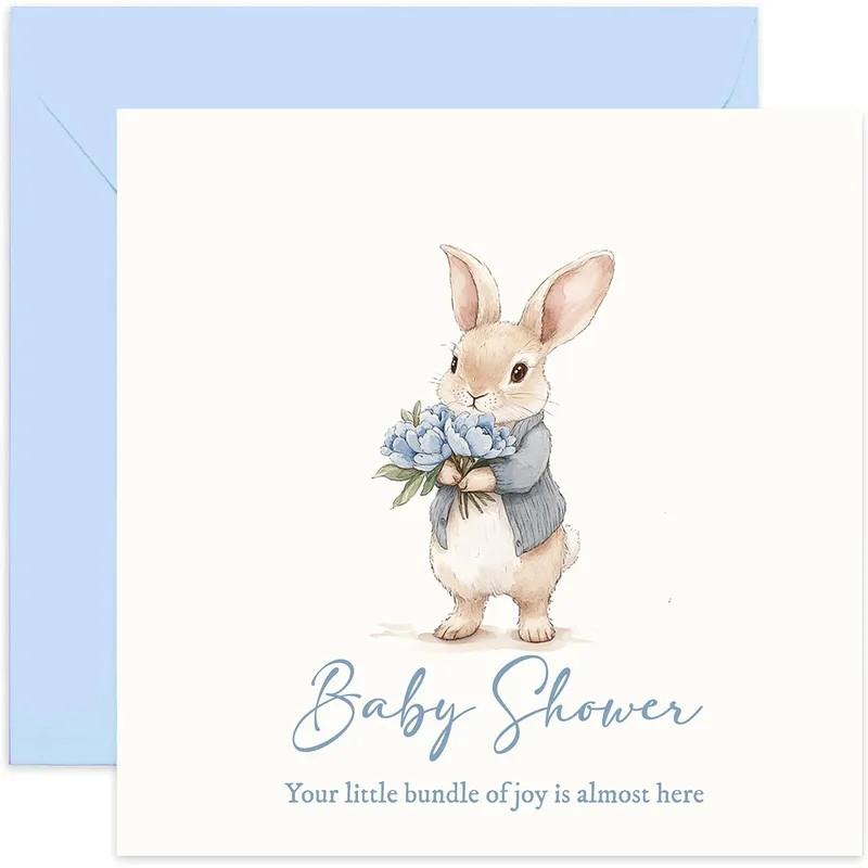 Holding Blue Flowers Baby Shower Card Celebrates the Coming Little One