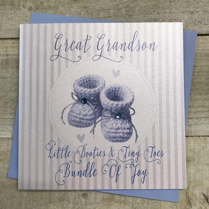 Knit Booties Striped New Baby Card for Great Grandson