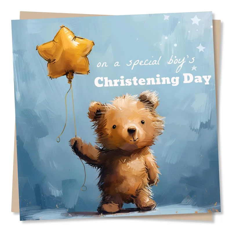 Teddy Bear Blue Watercolor Card for a Special Boy's Baptism