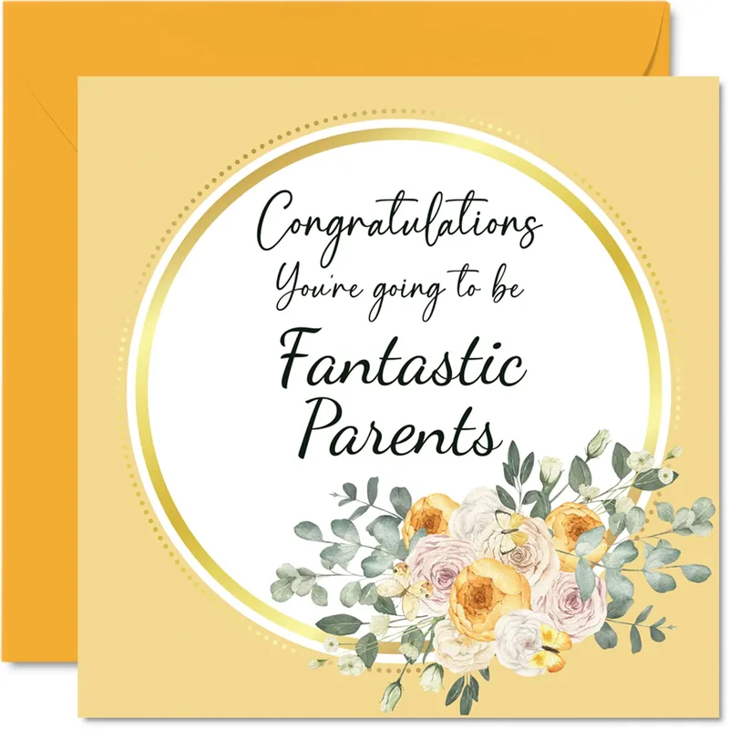 Ring Floral Wreath Pregnancy Card featuring a gold ring