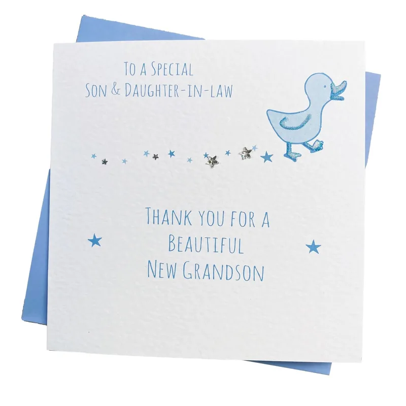 Duck Silver Stars New Baby Card for Grandson Congratulations
