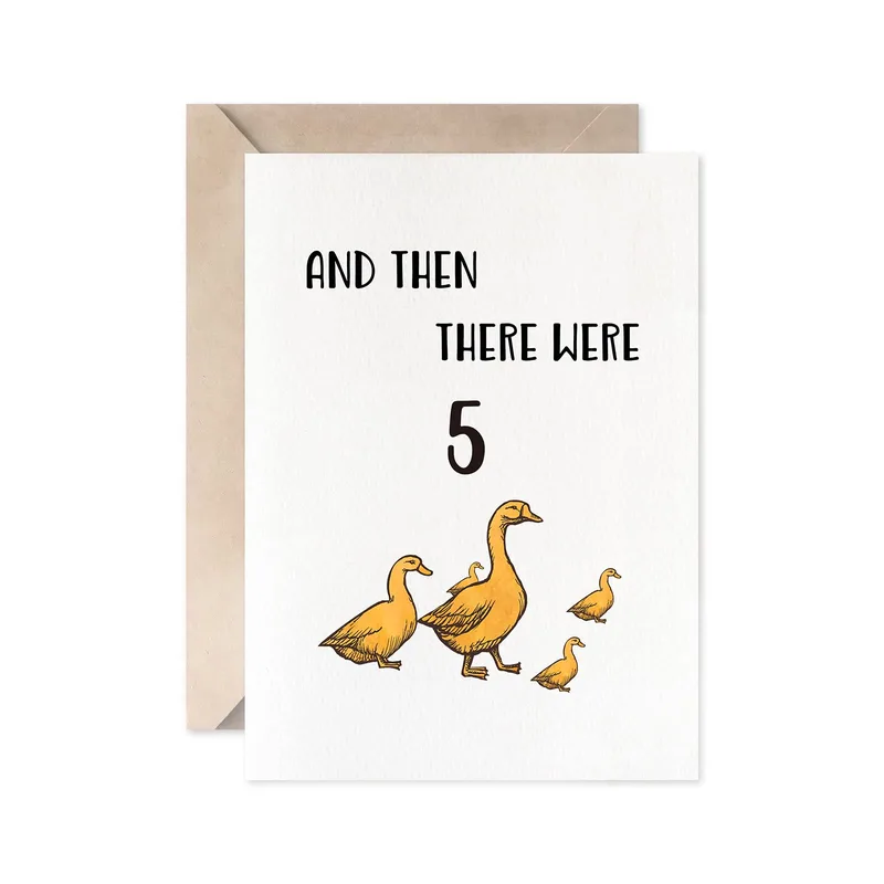 Family Line Art New Baby Card: And Then There Were 5 Duck Design