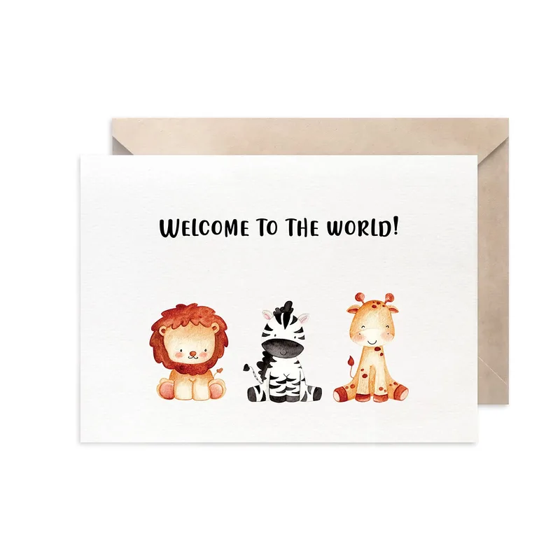 Animals White Card New Baby Card Welcome to the World