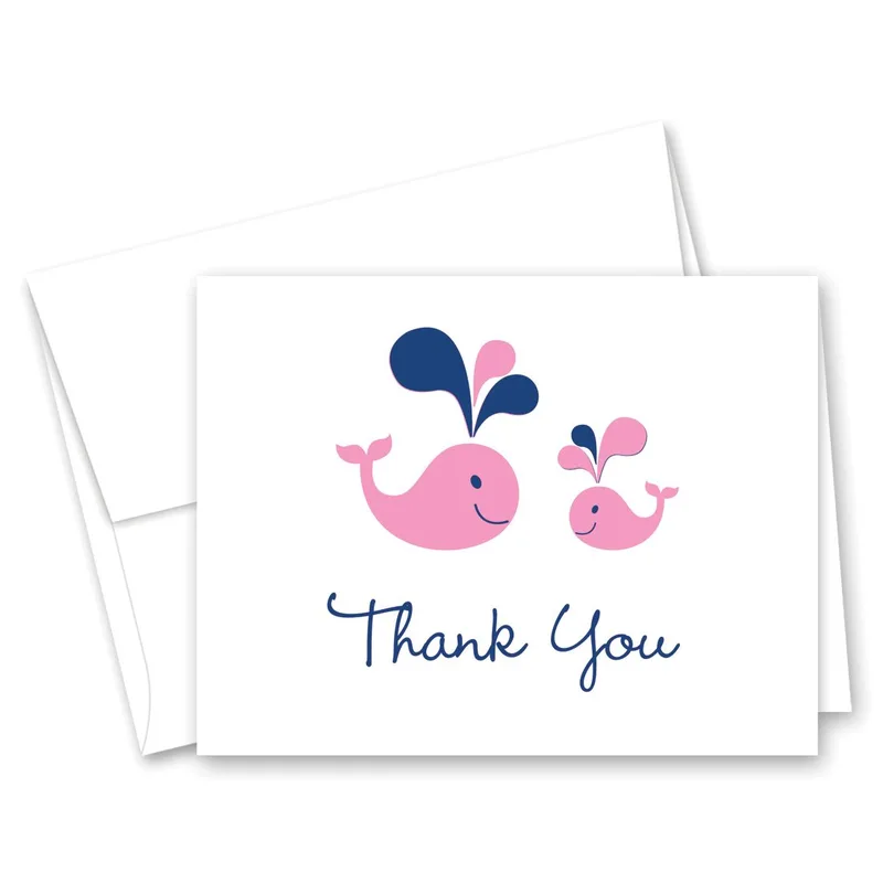Pink Whales Script Thank You Card for Baby Shower Gratitude