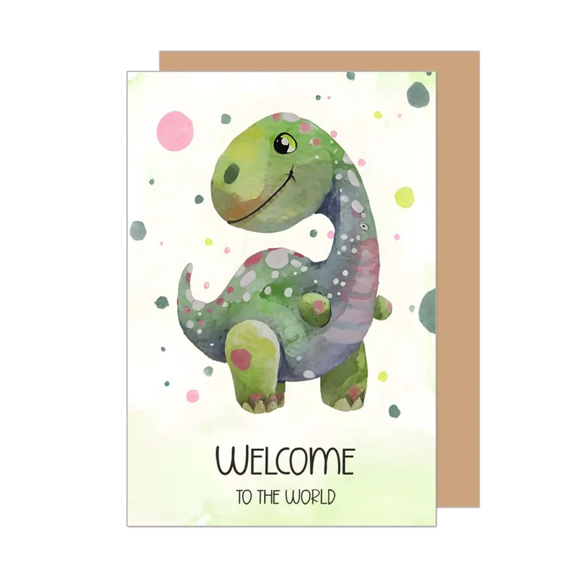 Green Dinosaur New Baby Card: Welcome to the World Watercolor Design