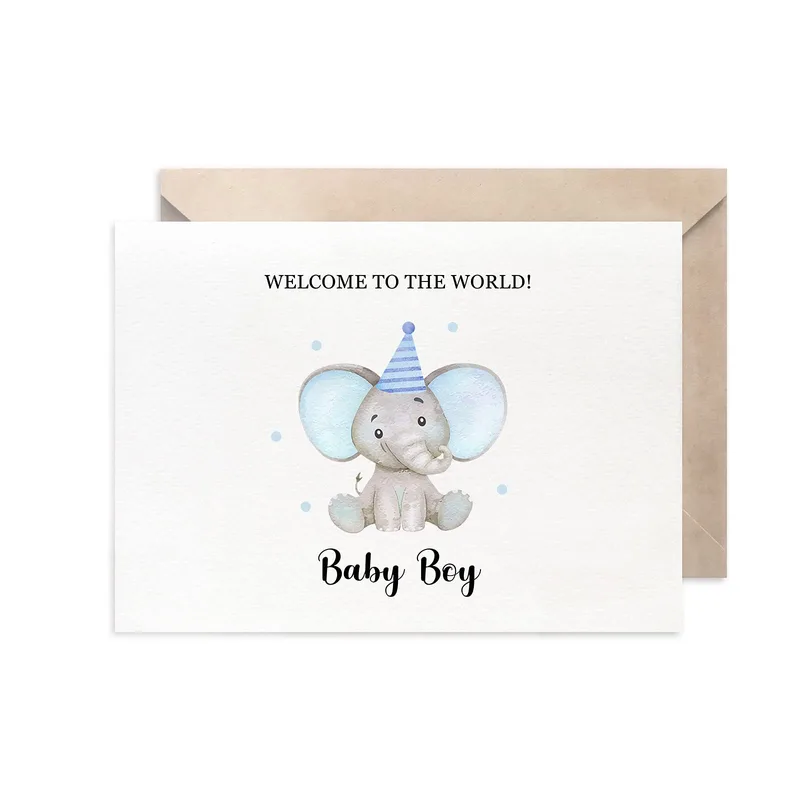 Blue Elephant Party Hat Card: Welcome to the World Baby Boy Greeting