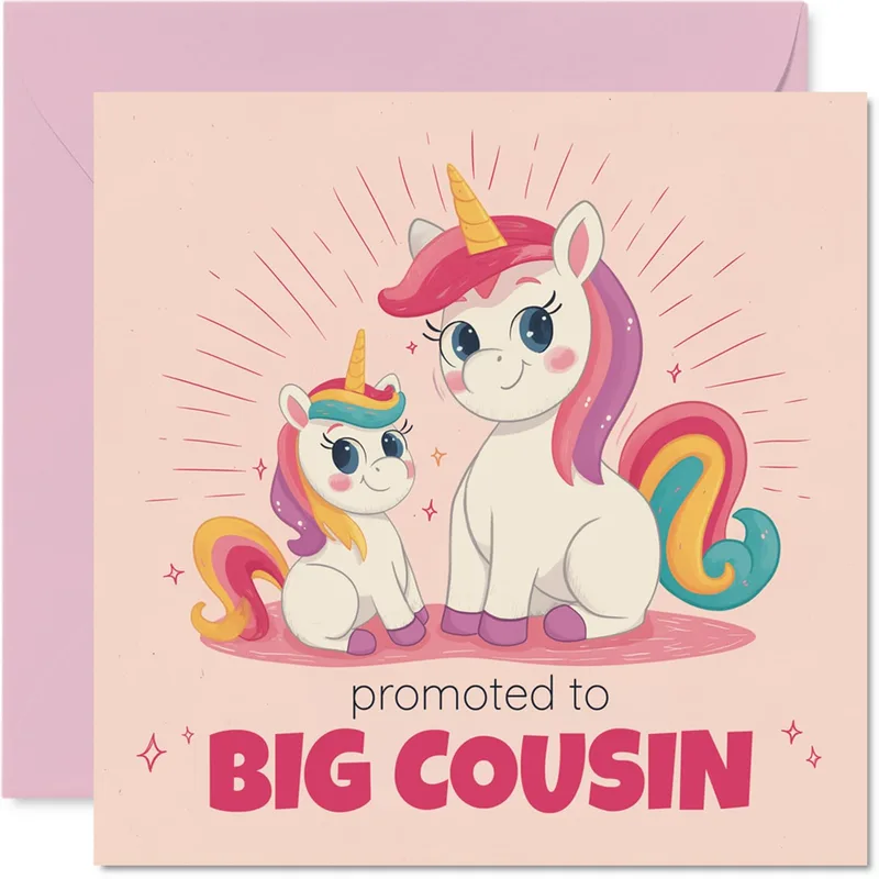 Pink Rainbow Mane New Baby Card Promoted to Big Cousin