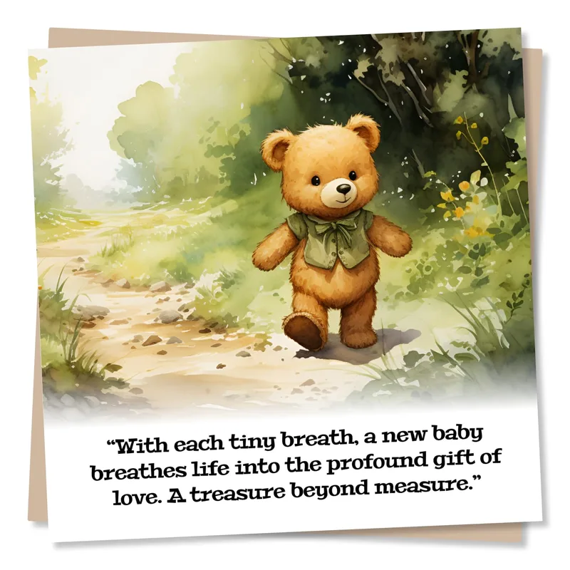 Teddy Bear Forest New Baby Card features a watercolor bear