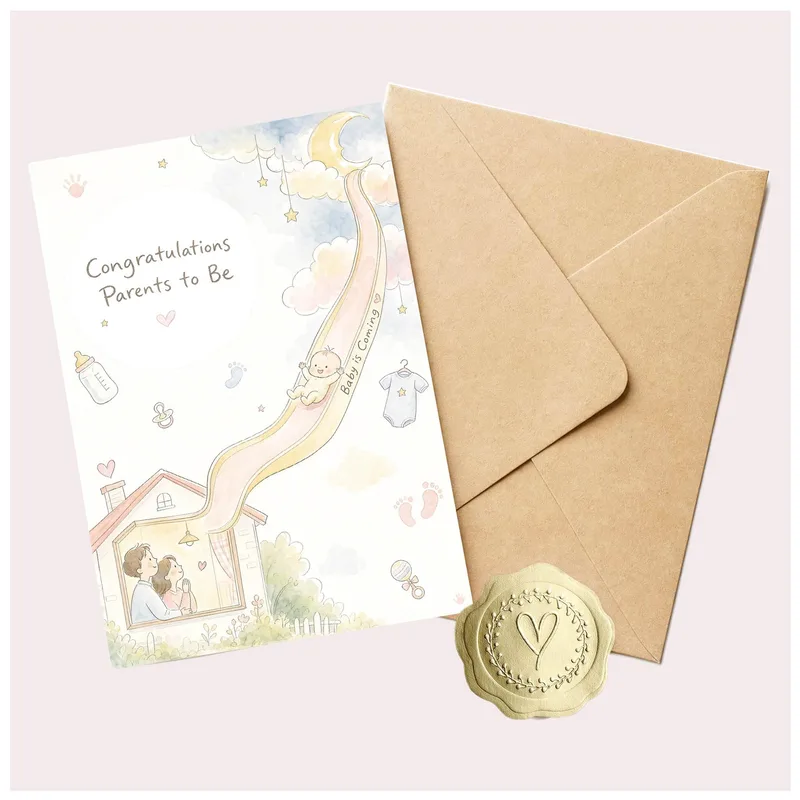 House Stork Kraft Pregnancy Card: Watercolor Baby Slide Design