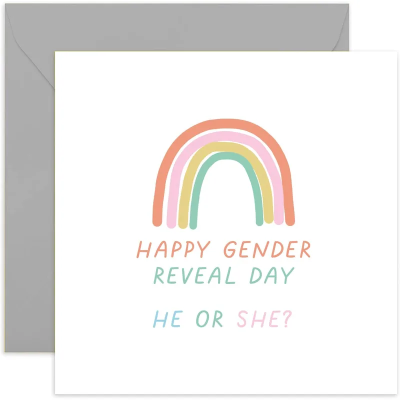 He or She Pregnancy Card: Pastel Rainbow Gender Reveal Design