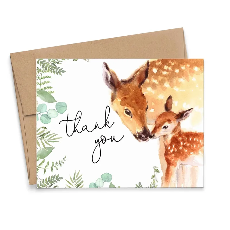 Deer Fawn Thank You Card: Watercolor Mom and Baby Deer Design