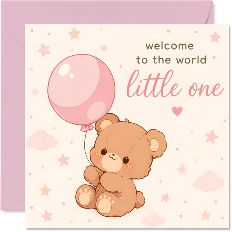 Balloon Teddy Bear New Baby Card features a cute bear