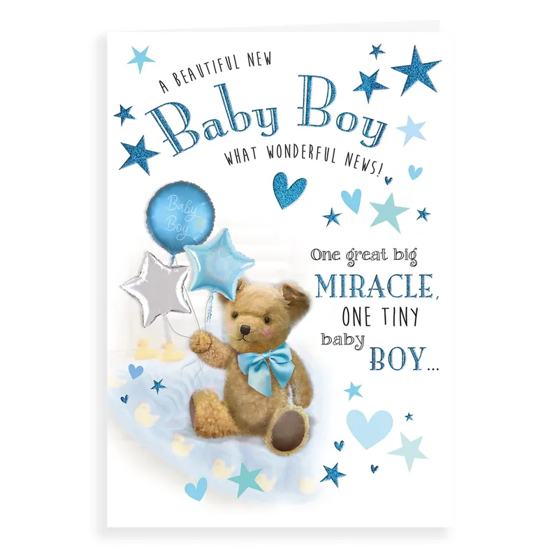 Bear Blue Balloons New Baby Card Celebrating a Tiny Miracle