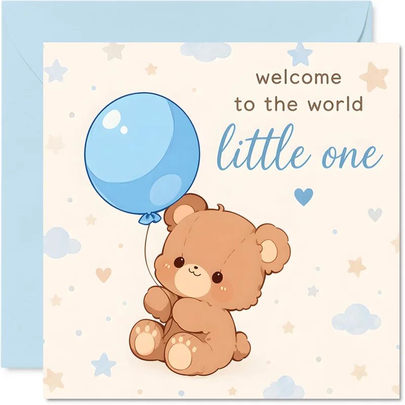 Teddy Blue Balloon New Baby Card: A Soft Welcome for Little One
