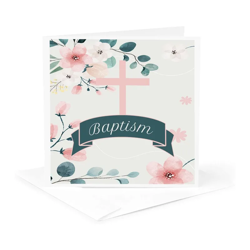 Pink Cross Floral Card for a Baby Girl Baptism Celebration