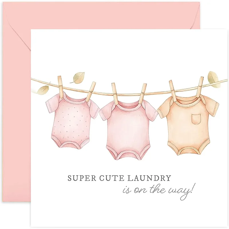 Pink Onesies Clothesline Pregnancy Card for New Baby Announcements