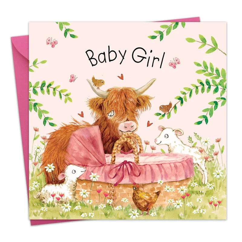 Cow Pink Pram New Baby Card for a Highland Cow Newborn