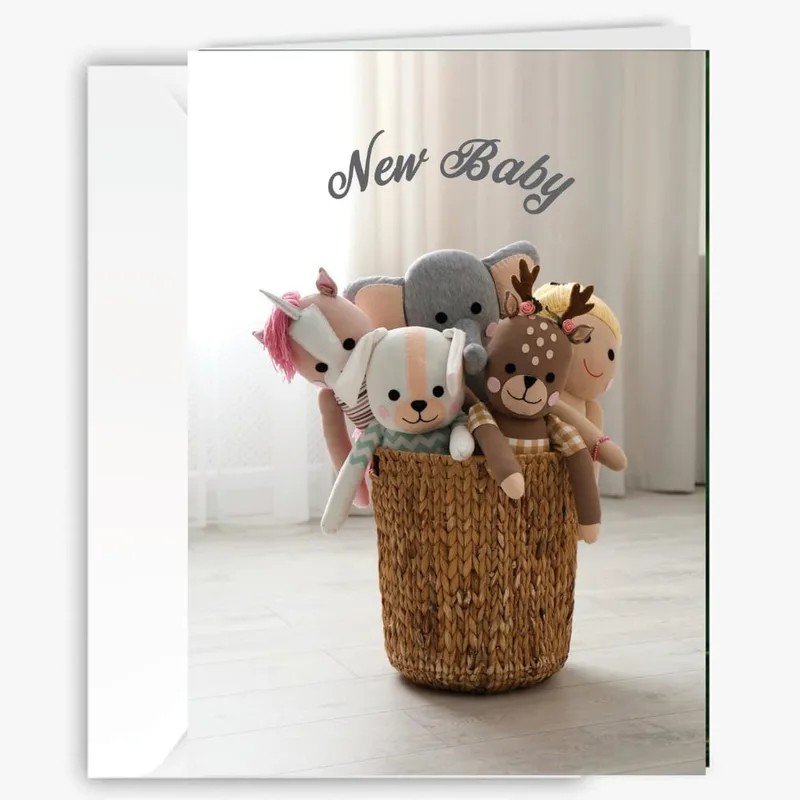 Animals Wicker Basket New Baby Card features a woven basket