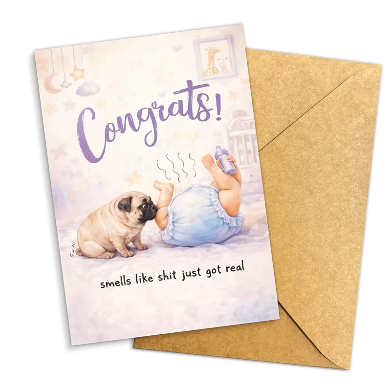 Pug Baby Pastel New Baby Card – Watercolor pug sniffing a baby in a blue diaper with congrats text – Greeting Card in natural