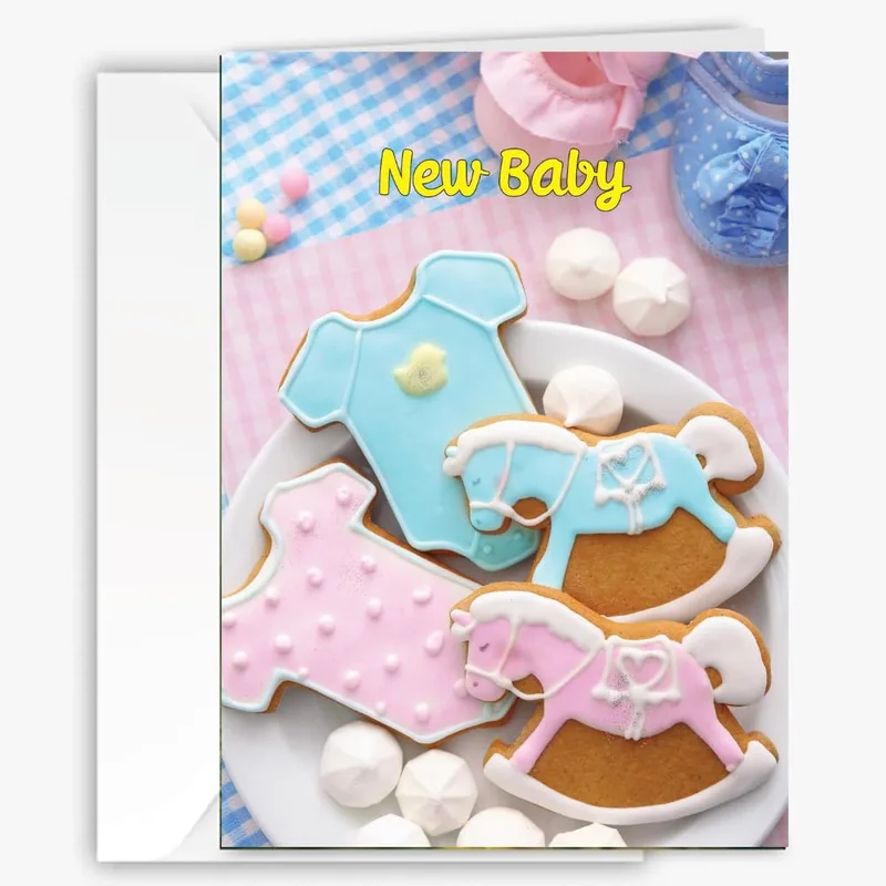 Baby Cookies Gingham New Baby Card featuring blue