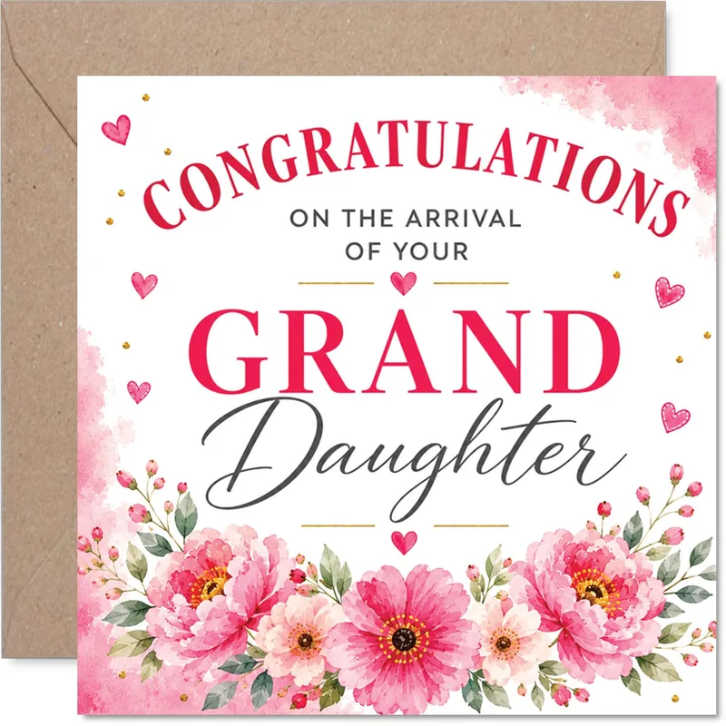 Floral Script Granddaughter New Baby Card Celebrating a New Arrival