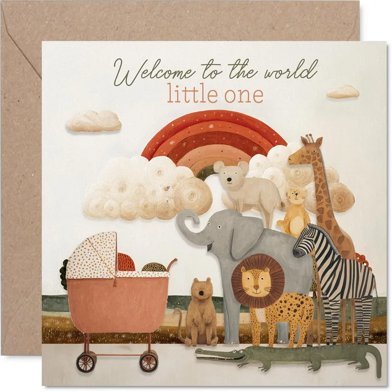 Rainbow Animals Pram New Baby Card features a vintage pram