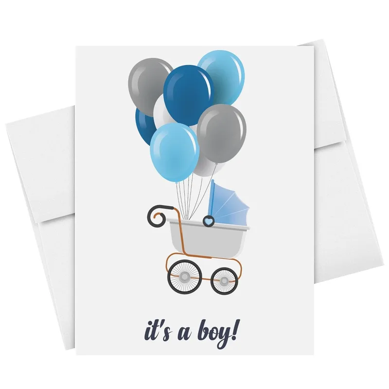 Blue Balloons Stroller New Baby Card Celebrating a New Little Boy