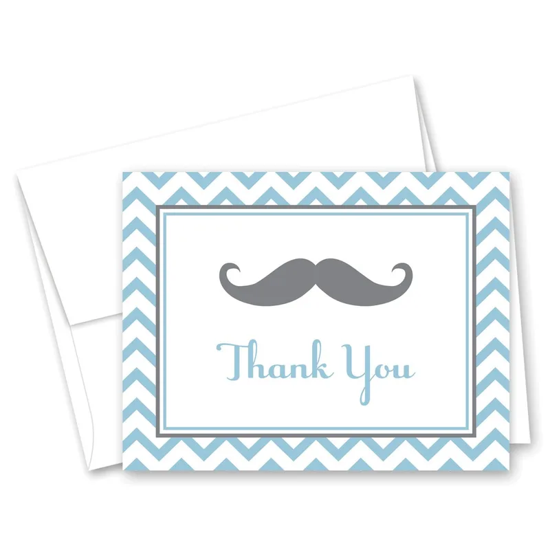 Blue Chevron Mustache Thank You Card for Baby Shower Gratitude