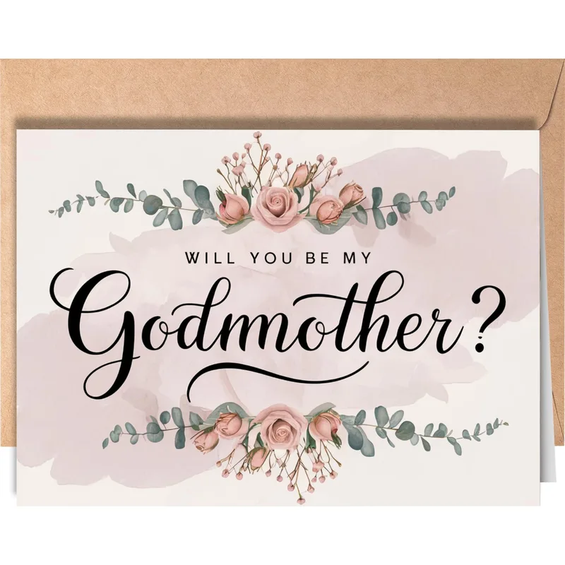 Pink Florals Script Card: Will You Be My Godmother Proposal