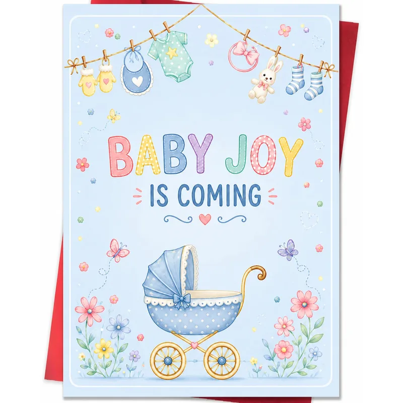 Blue Pram Clothesline Pregnancy Card: A Sweet New Baby Announcement