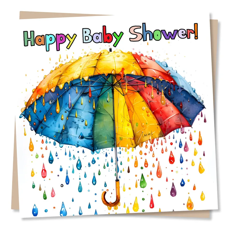 Rainbow Umbrella Raindrops Baby Shower Card – Greeting Card in natural