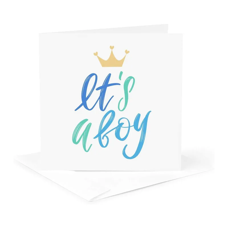 Blue Script Crown New Baby Card features It's a boy