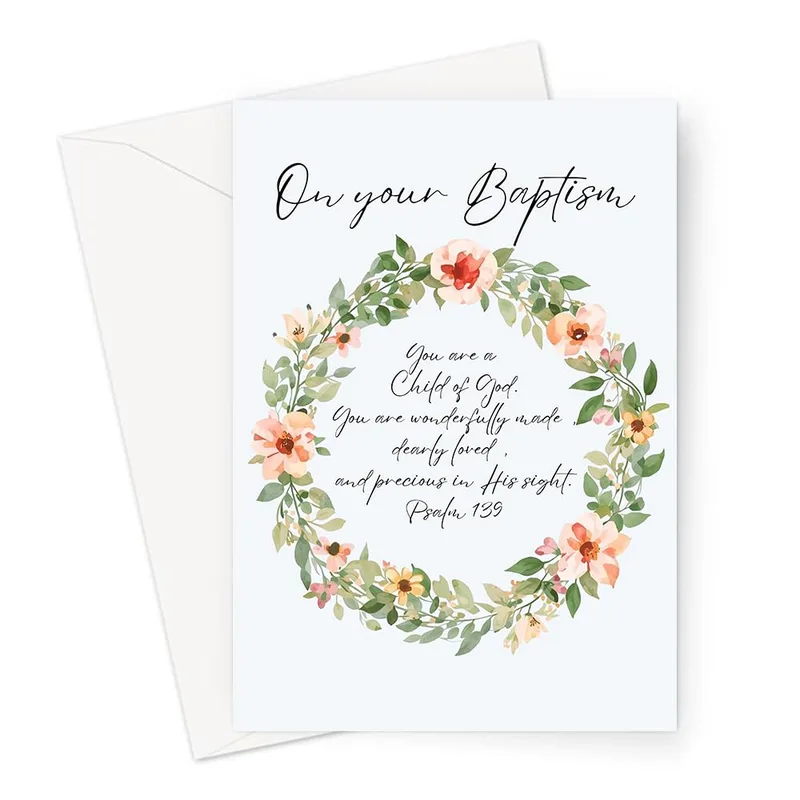 Floral Wreath Baptism Card Celebrating a New Baby with Psalm 139