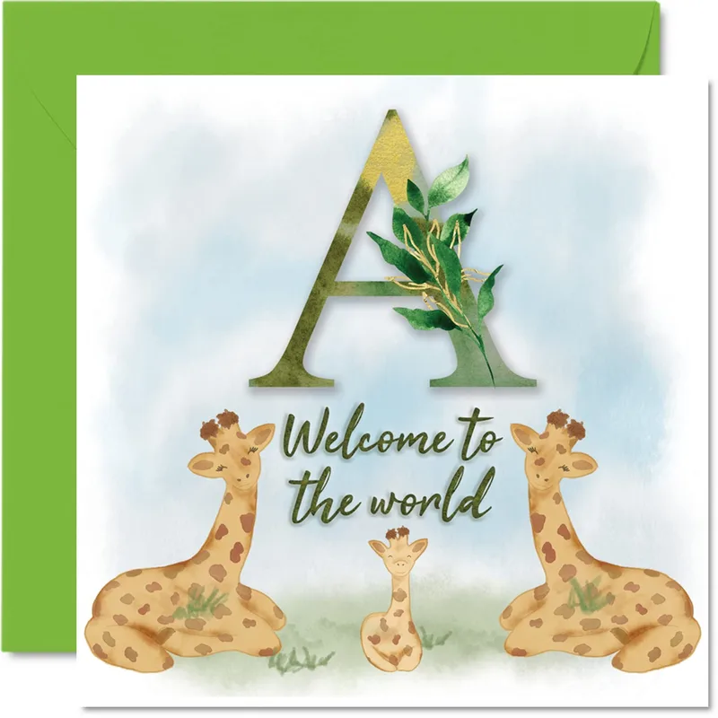Giraffe Family Letter New Baby Card featuring a watercolor