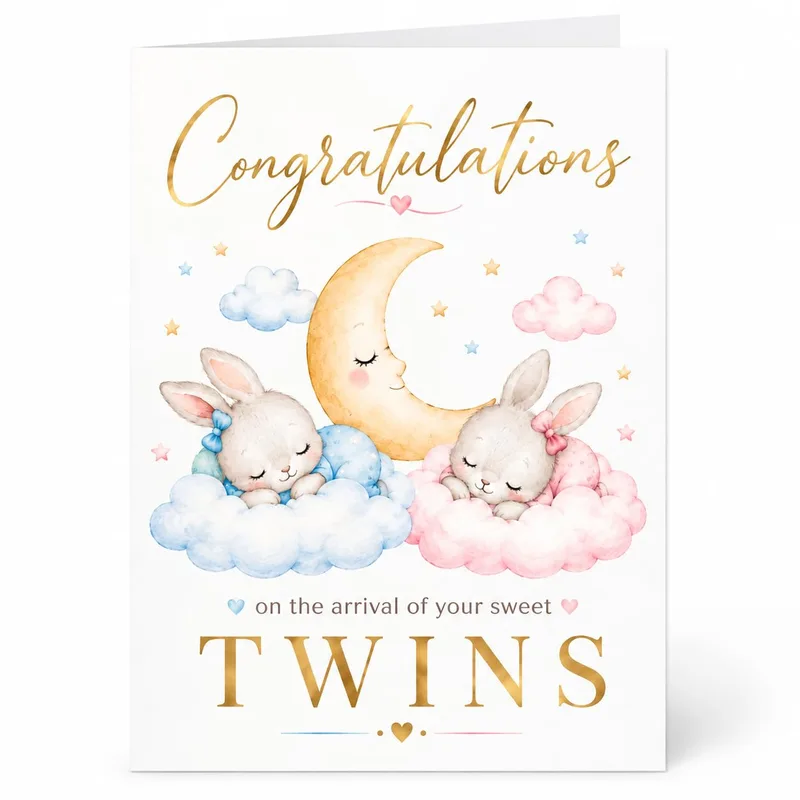 Moon Sleeping Bunnies New Baby Card for Twin Celebrations