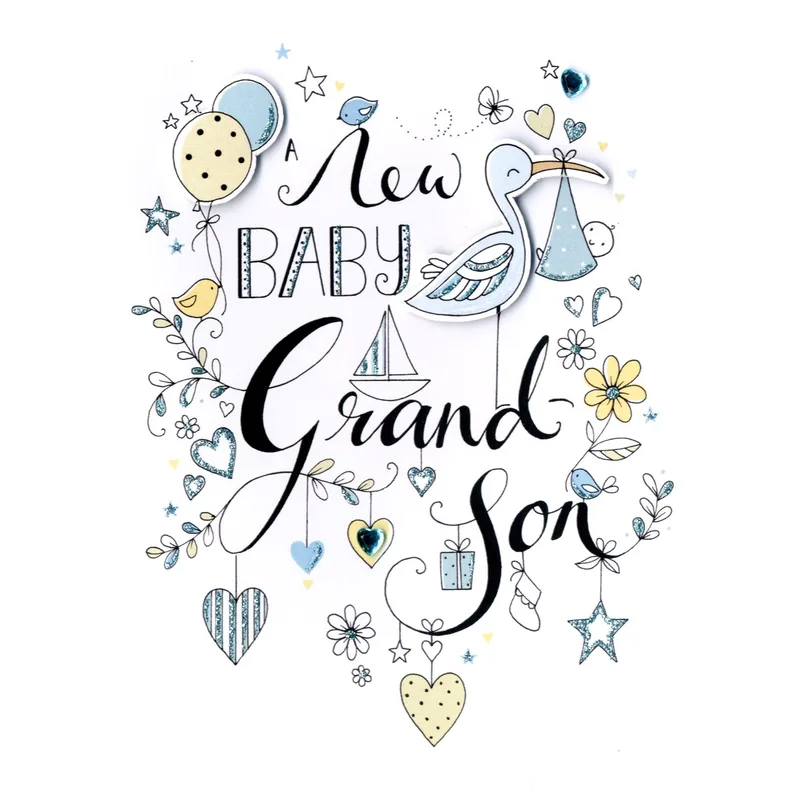 Script Storks Doodles New Baby Card Celebrates a Grandson