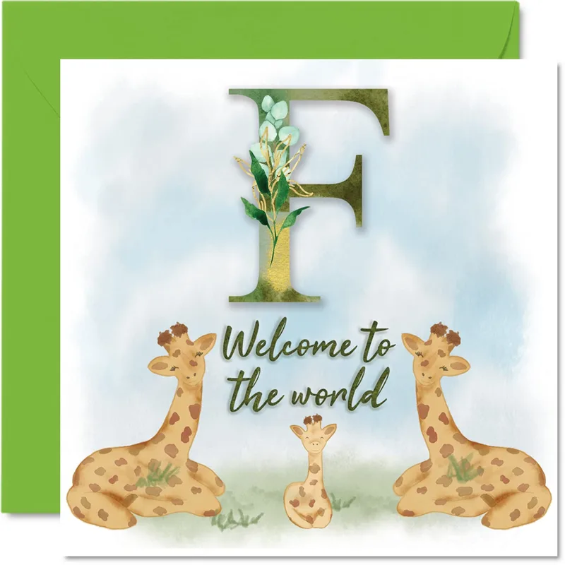 Family Letter F New Baby Card with Giraffe Family and Floral Monogram