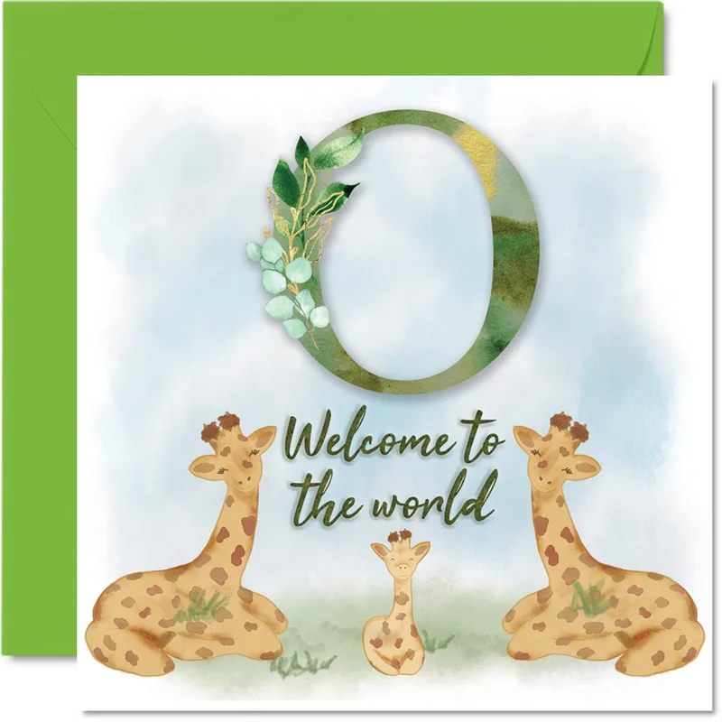 Family Letter O New Baby Card with Giraffe Family Illustration
