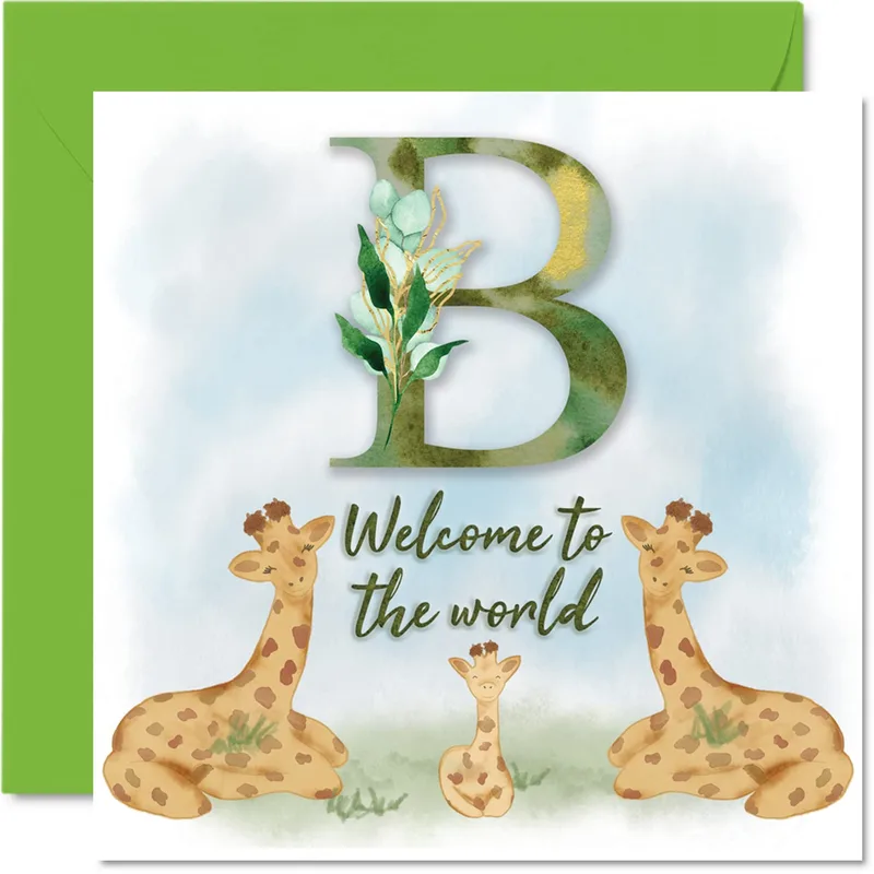 Family Letter B New Baby Card: Giraffe Family and Big Initial