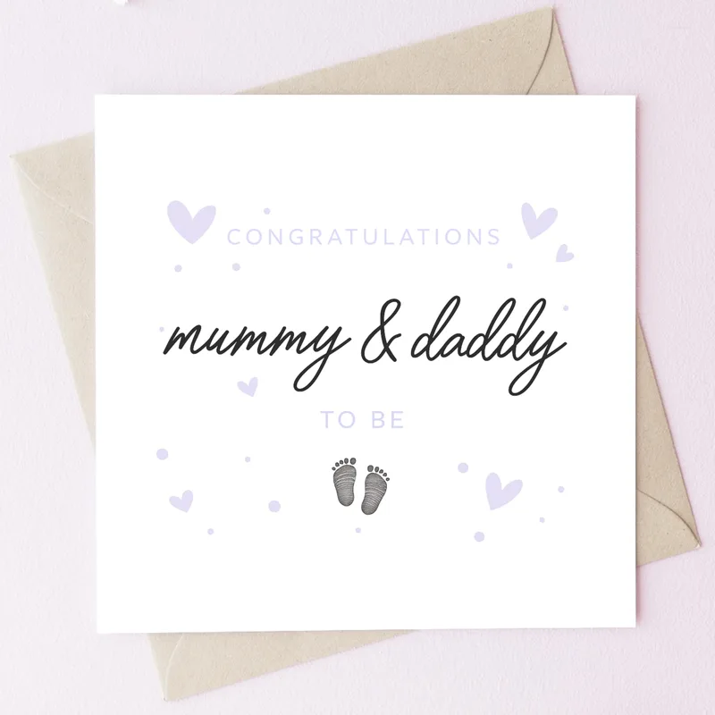 Lavender Footprints Script Pregnancy Card – Greeting Card in natural