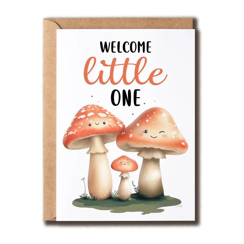 Red Mushrooms Forest New Baby Card Welcoming a Little One