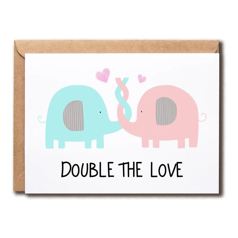 Teal Pink Elephants New Baby Card features two elephants